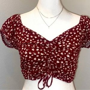 LA Hearts Pacsun Burgundy Floral Crop Top with Front Tie